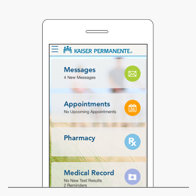 Smartphone displaying the functionalities of the K.P. App: Messages, Appointments, Pharmacy, and Medical Records