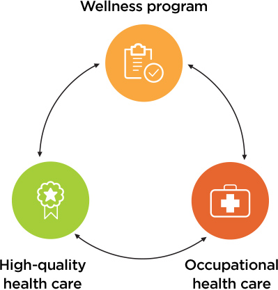 Infographic showing the interrlated services that Kaiser Permanente offers: Wellness Programs, High-quality health care and Occupational health care.